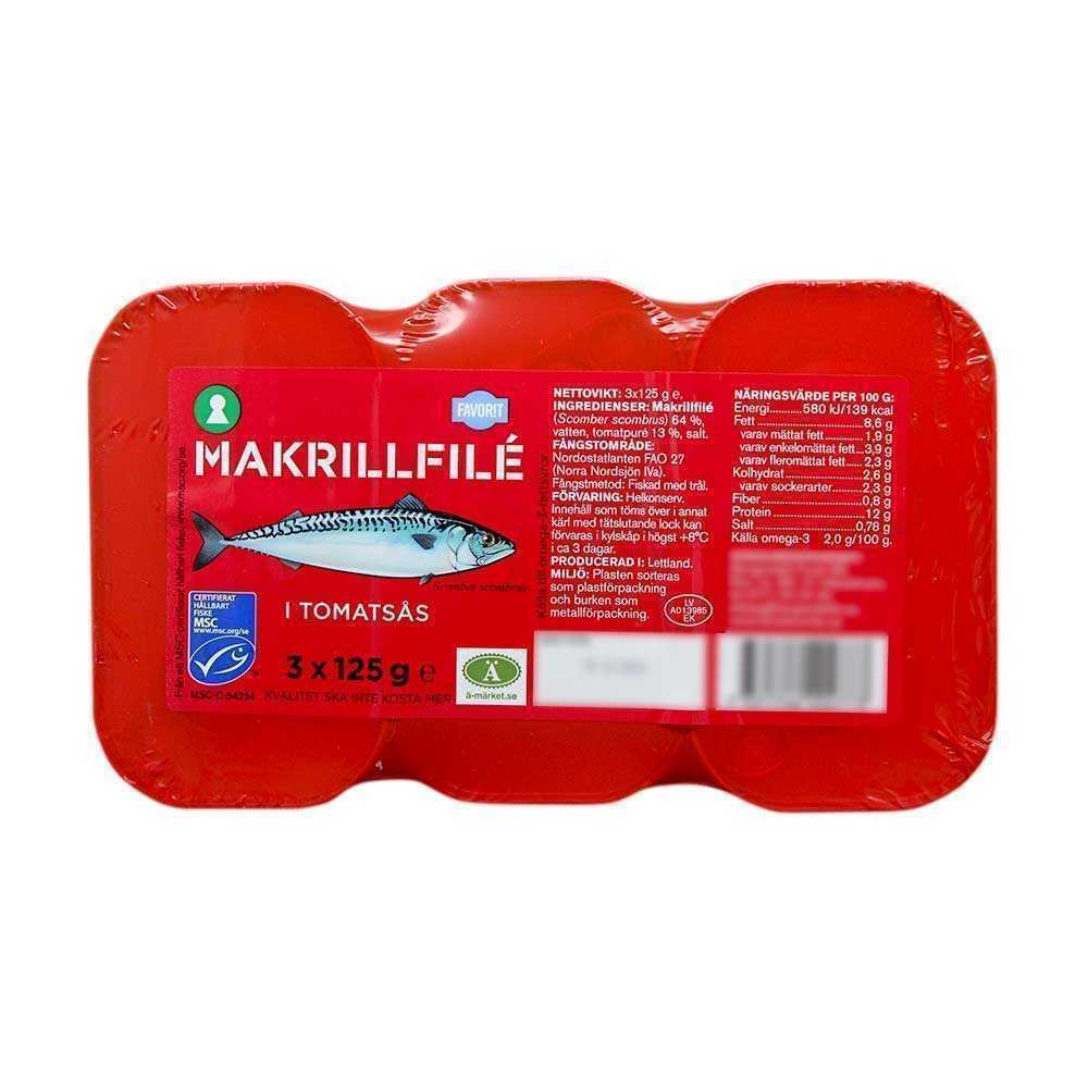 Favorit Makrillfilé i Tomatsås / Filetes de Caballa en Salsa de Tomate 3x125g