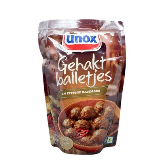 Unox Gehakt Balletjes in Pittige Satésaus 400g/ Meatballs in Spicy Saté Sauce Unox Gehakt Balletjes in Pittige Satésaus 400g/ Meatballs in Spicy Saté Sauce