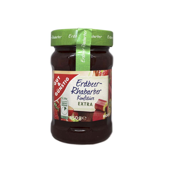 Gut&Günstig Erdbeer Rhabarber Konfitüre / Confitura de Ruibarbo y Fresas 450g Gut&Günstig Erdbeer Rhabarber Konfitüre / Confitura de Ruibarbo y Fresas 450g