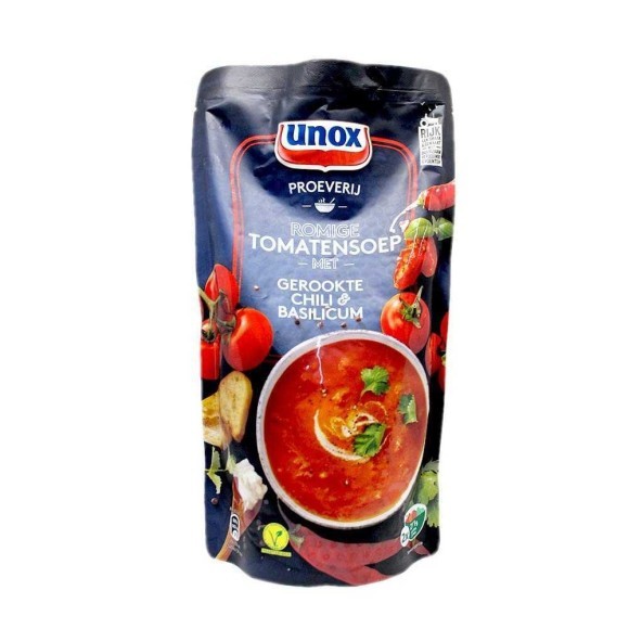Unox Romige Tomatensoep met Gerookte Chili&Basilicum / Tomato Soup with Smoked Chili&Basil 570ml Unox Romige Tomatensoep met Gerookte Chili&Basilicum / Tomato Soup with Smoked Chili&Basil 570ml