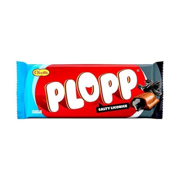 Cloetta Plopp Salty Licorice / Chocolate Bar Filled with Salty Licorice 80g Cloetta Plopp Salty Licorice / Chocolate Bar Filled with Salty Licorice 80g