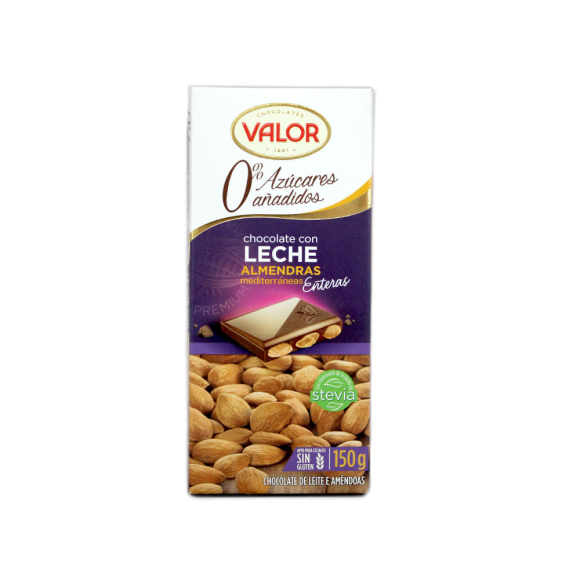 Valor Chocolate Leche 0% Azúcar 125g/ Milk Chocolate with Almonds Sugar-free Valor Chocolate Leche 0% Azúcar 125g/ Milk Chocolate with Almonds Sugar-free