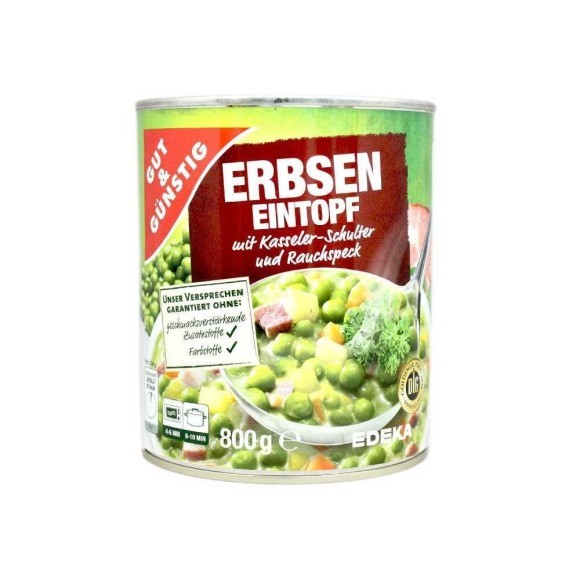 Gut&Günstig Erbseneinstopf mit Kasseler und Rauchspeck / Guiso de Guisantes y Cerdo Ahumado 800g Gut&Günstig Erbseneinstopf mit Kasseler und Rauchspeck / Guiso de Guisantes y Cerdo Ahumado 800g
